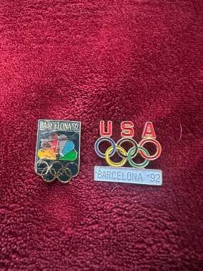 Vintage 1992 Barcelona Summer Olympics Pin Set featuring NBC Logo and USA Olympi